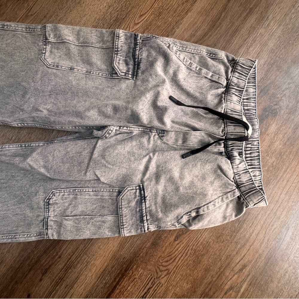 Gray Cargo Joggers with Black Drawstring